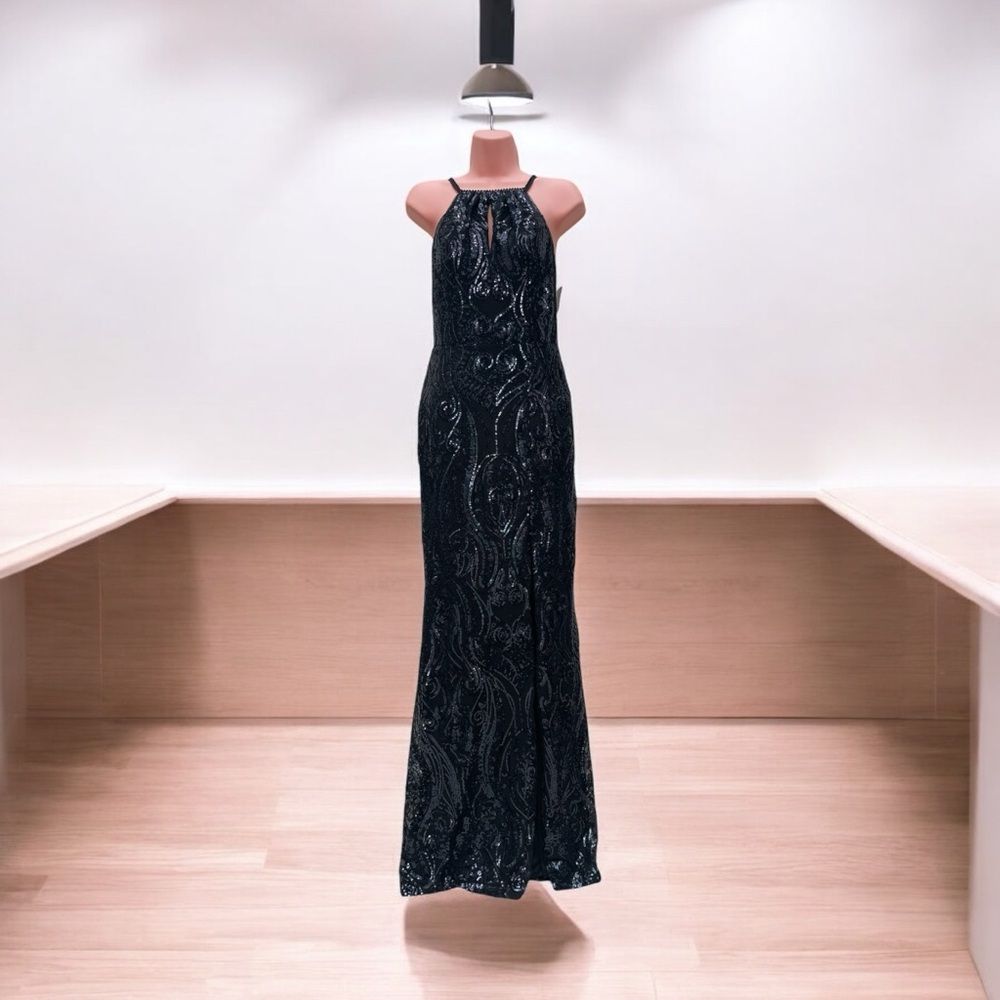 Black Sequin Halter Backless Gown Size 2
